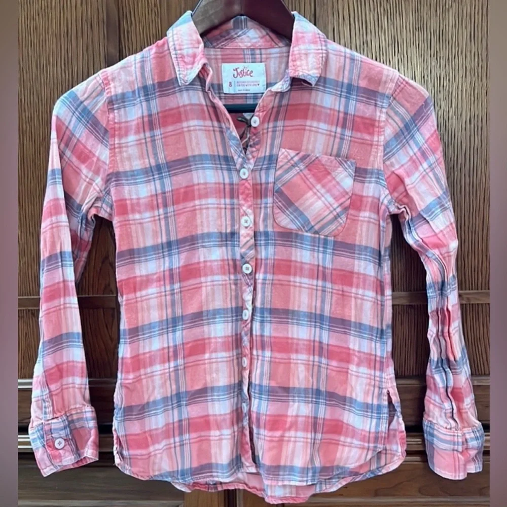 Justice Long Sleeve Button Down Plaid Flannel Shirt Embroidered Back Hearts